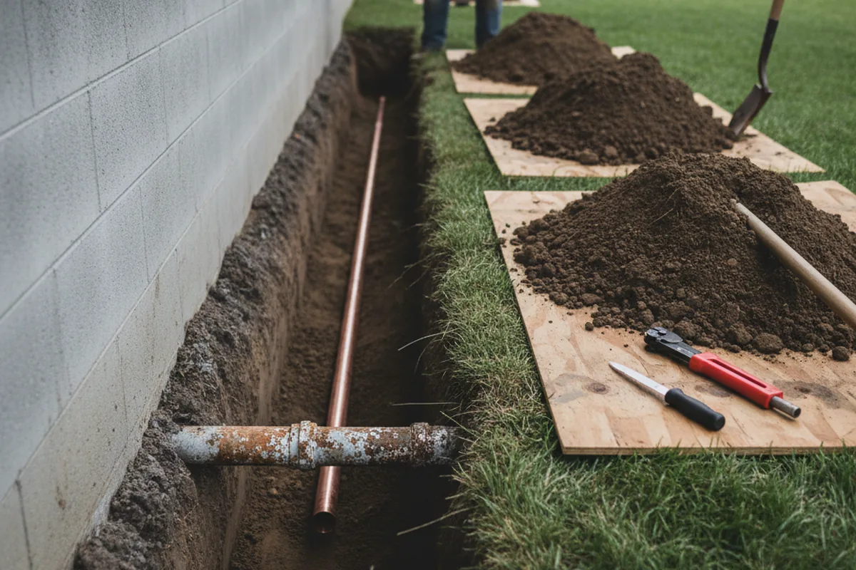 Excavated water line trench during Sewer Line Repair in Canastota